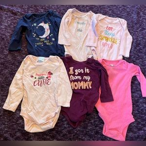 Infant Girl Long Sleeve Onesies. Size 6-9 months. Set of 6.